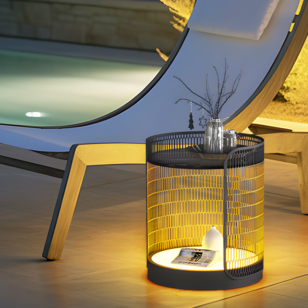 Modern Black Outdoor Mesh Floor Lamp with Integrated Side Table and LED Lighting