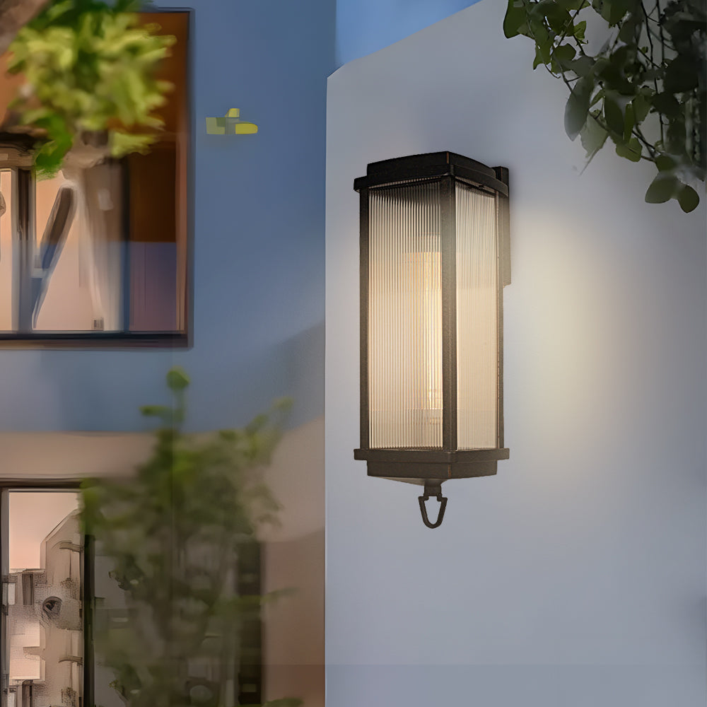Modern Black Outdoor Wall Sconce 19.7 Inch Aluminum Lantern with Clear Ribbed Diffuser