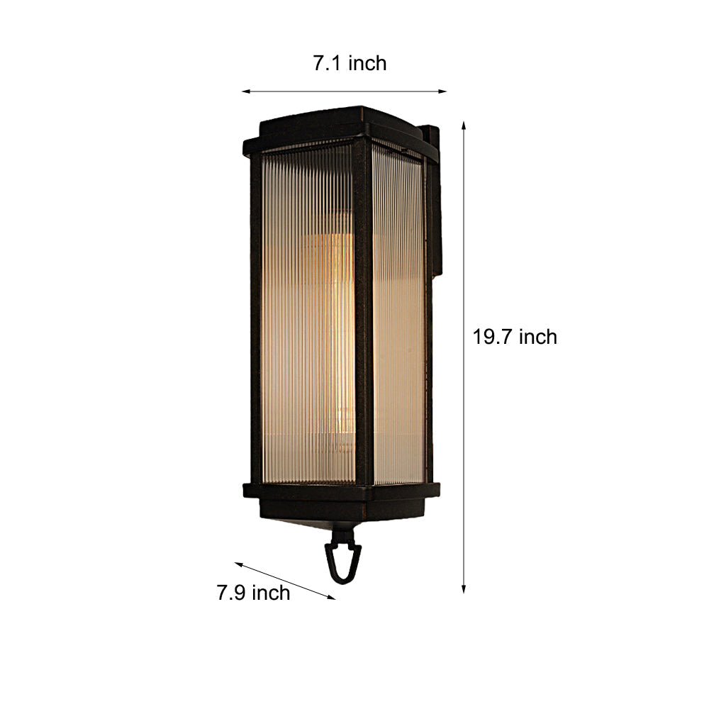 Modern Black Outdoor Wall Sconce 19.7 Inch Aluminum Lantern with Clear Ribbed Diffuser