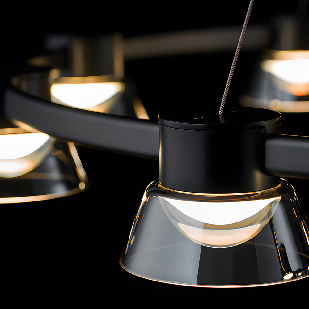 Modern Black Ring LED Pendant Light with Smoke Gray Glass Shades and Integrated Dimmable Lighting