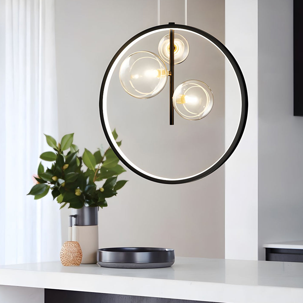 Modern Black Ring Pendant Light with Clear Glass Globe Bubbles for Dining Room