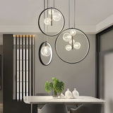 Modern Black Ring Pendant Light with Clear Glass Globe Bubbles for Dining Room