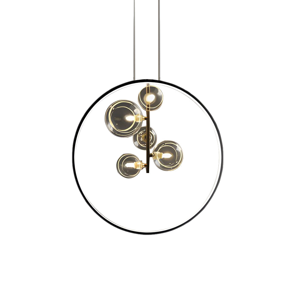 Modern Black Ring Pendant Light with Clear Glass Globe Bubbles for Dining Room