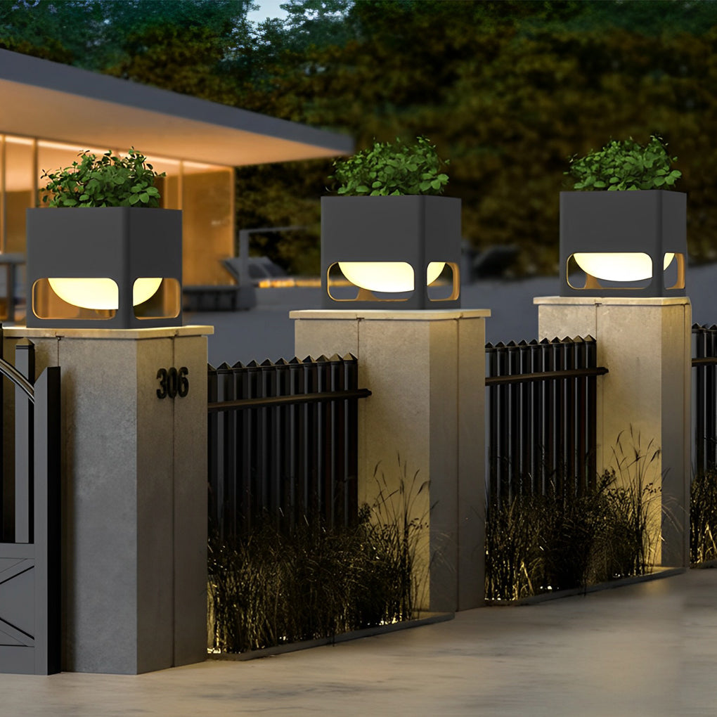 Modern Black Square Waterproof LED Outdoor Fence Post Light with Integrated Flowerpot Planter