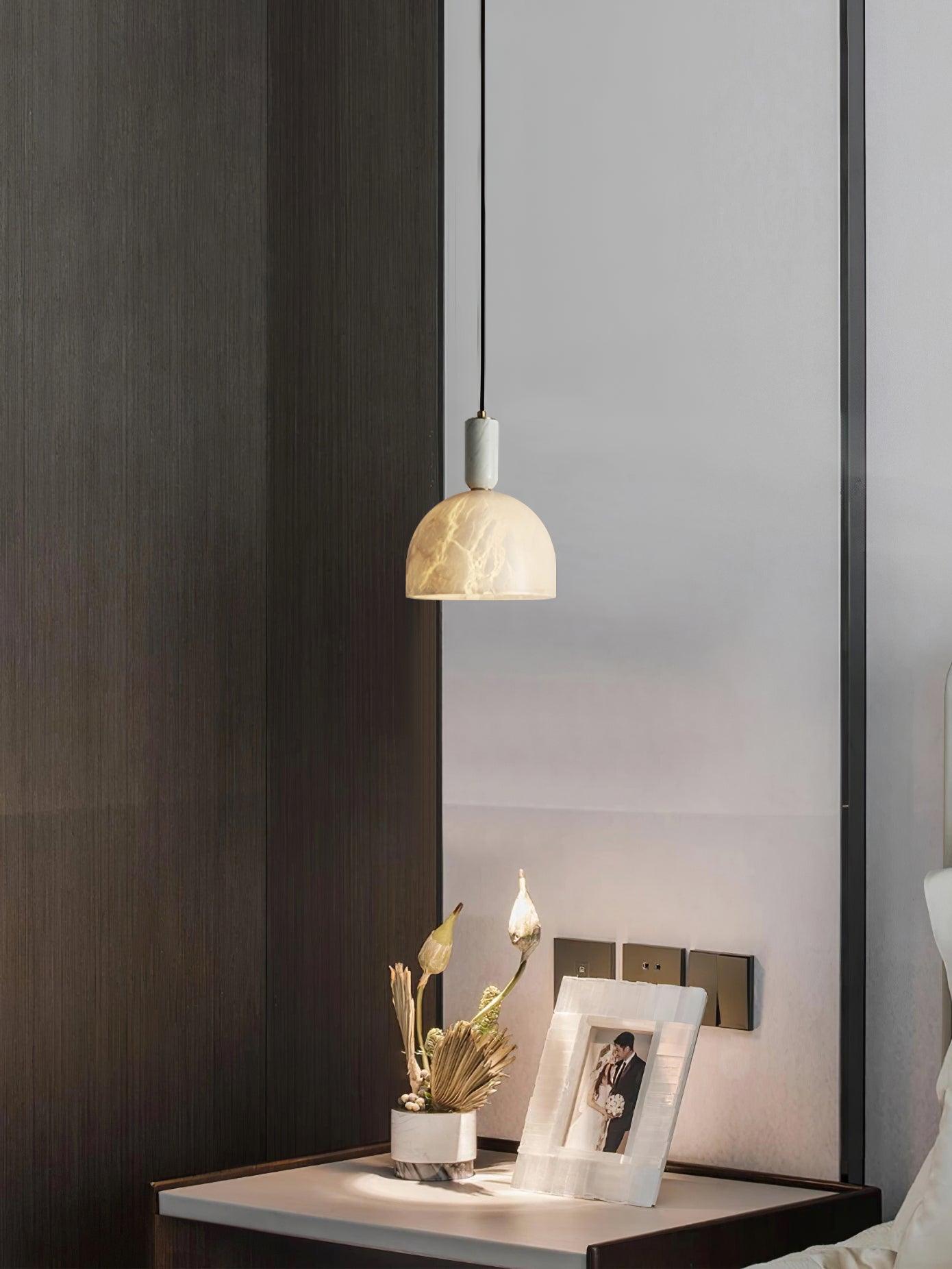 Modern Blair Alabaster Hanging Light with Brass Details and Natural Stone Shade for Kitchen