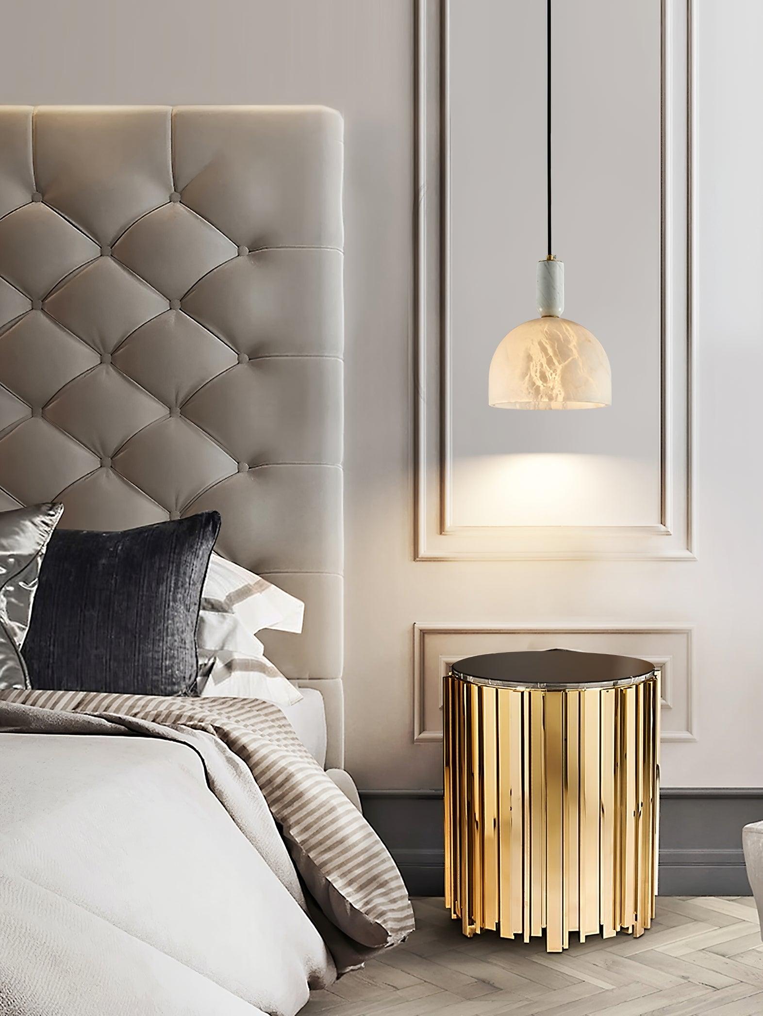 Modern Blair Alabaster Hanging Light with Brass Details and Natural Stone Shade for Kitchen