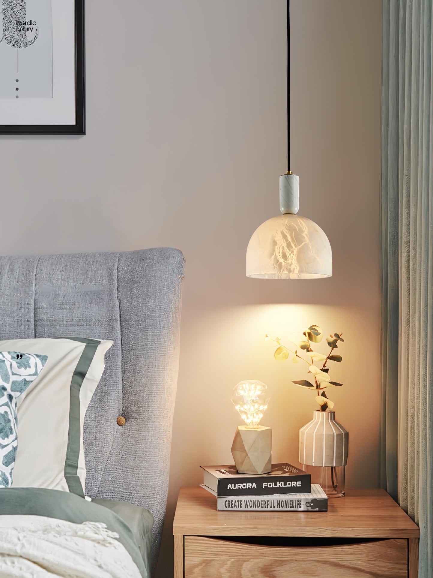 Modern Blair Alabaster Hanging Light with Brass Details and Natural Stone Shade for Kitchen