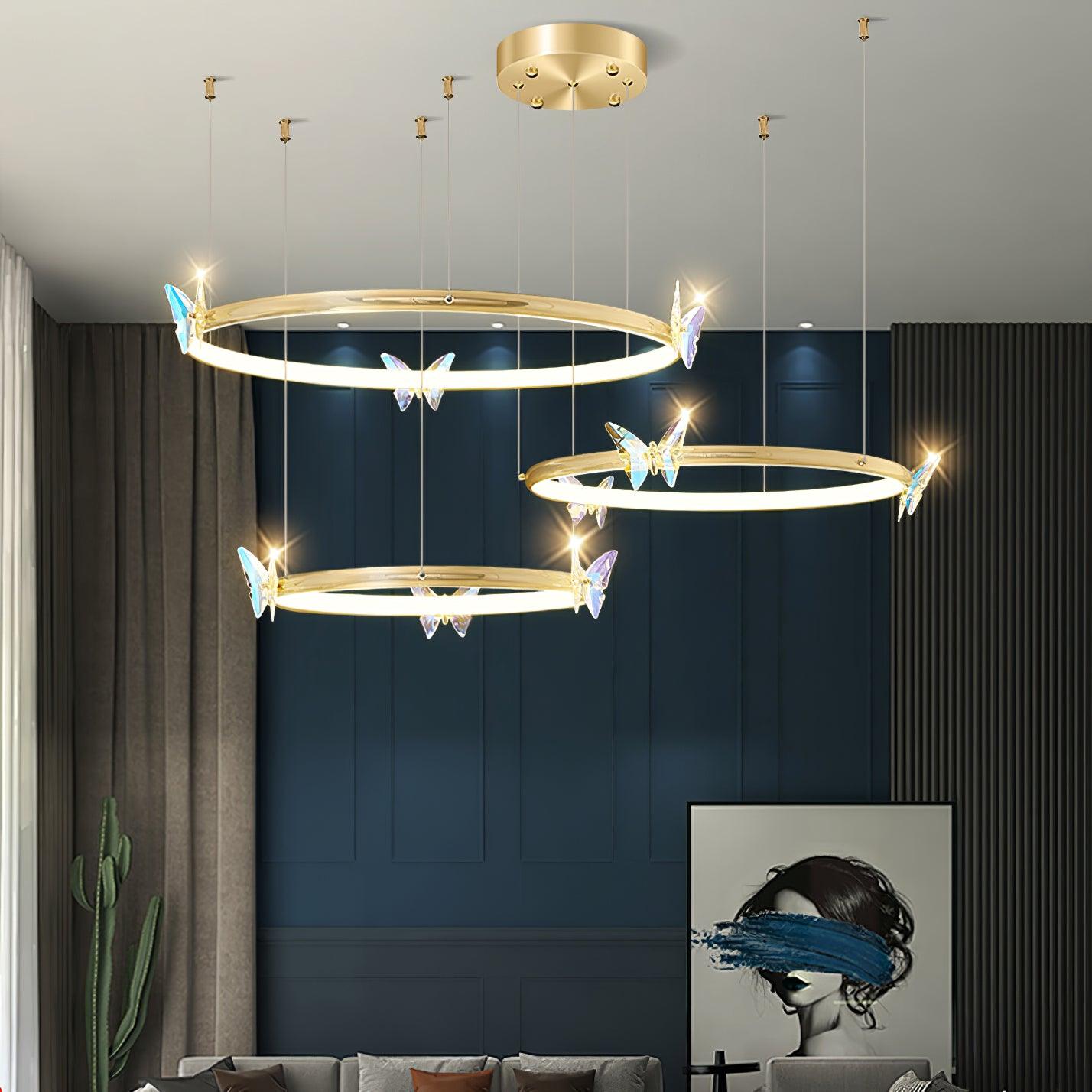 Modern Blue Crystal Butterfly LED Chandelier Luxury Gold Hanging Pendant Light