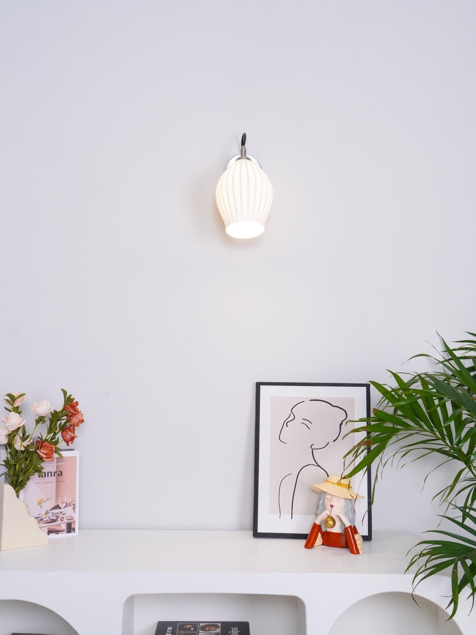 Modern Bone China Ceramic Ribbed Sconce Wall Light for Living Room Bedroom