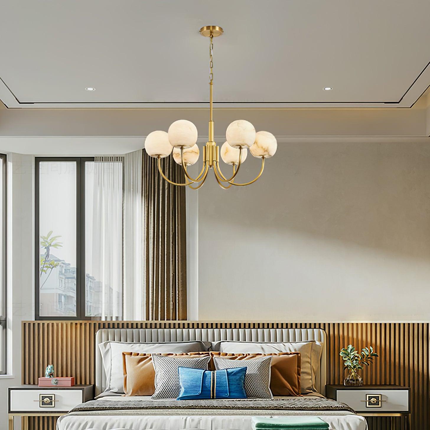 Modern Brass and Alabaster Globe Candelabrum Chandelier for Luxury Interiors