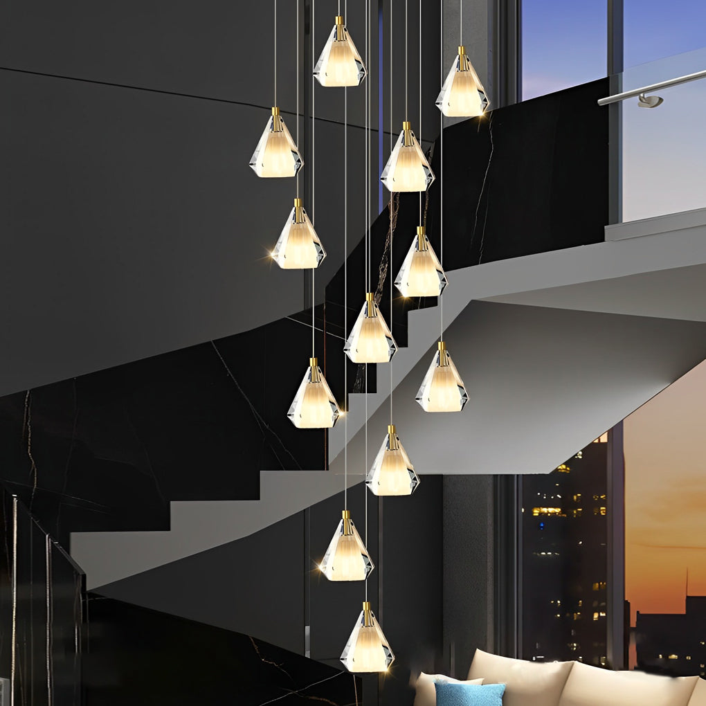 Modern Brass and Crystal Staircase Chandelier with Three Step Dimming for Villa and High Ceiling Foyer