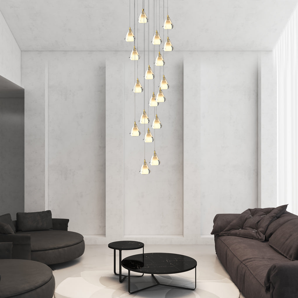 Modern Brass and Crystal Staircase Chandelier with Three Step Dimming for Villa and High Ceiling Foyer