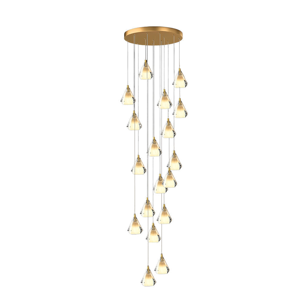 Modern Brass and Crystal Staircase Chandelier with Three Step Dimming for Villa and High Ceiling Foyer