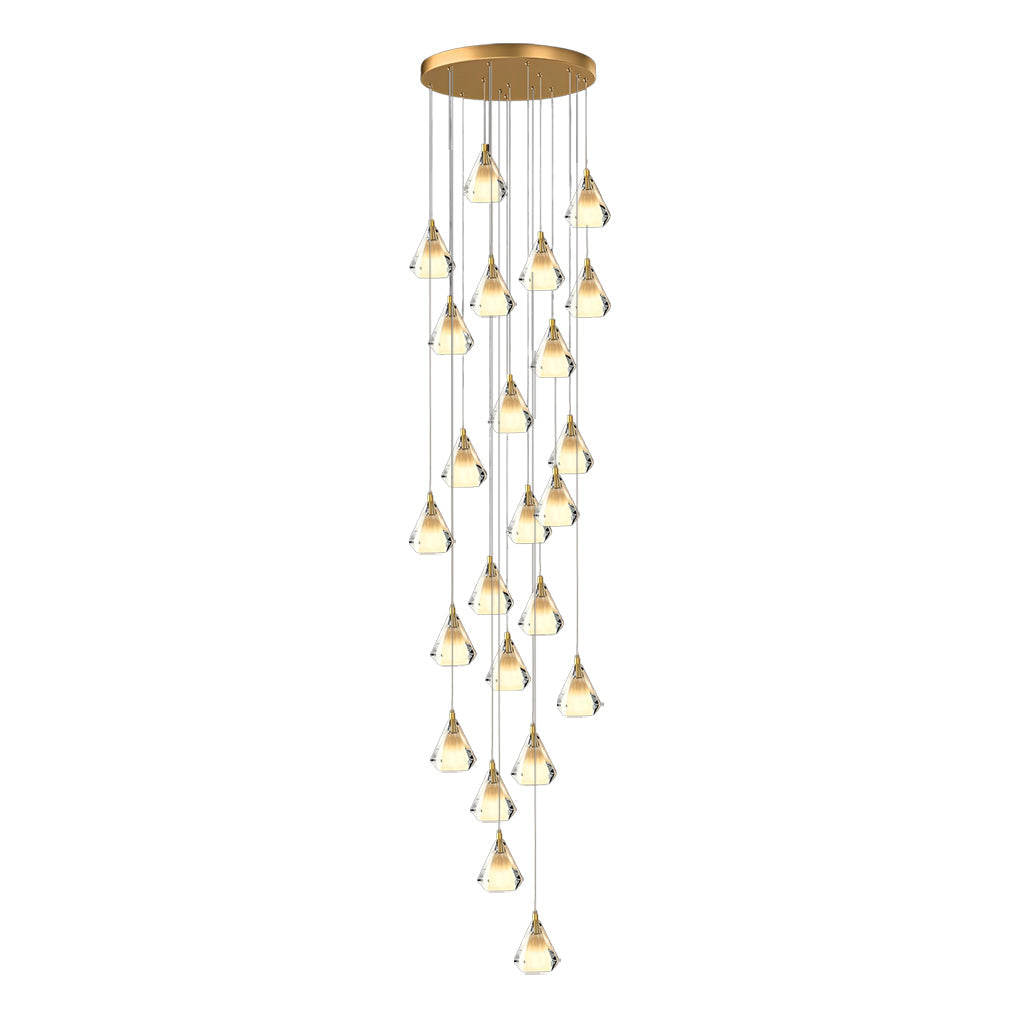 Modern Brass and Crystal Staircase Chandelier with Three Step Dimming for Villa and High Ceiling Foyer