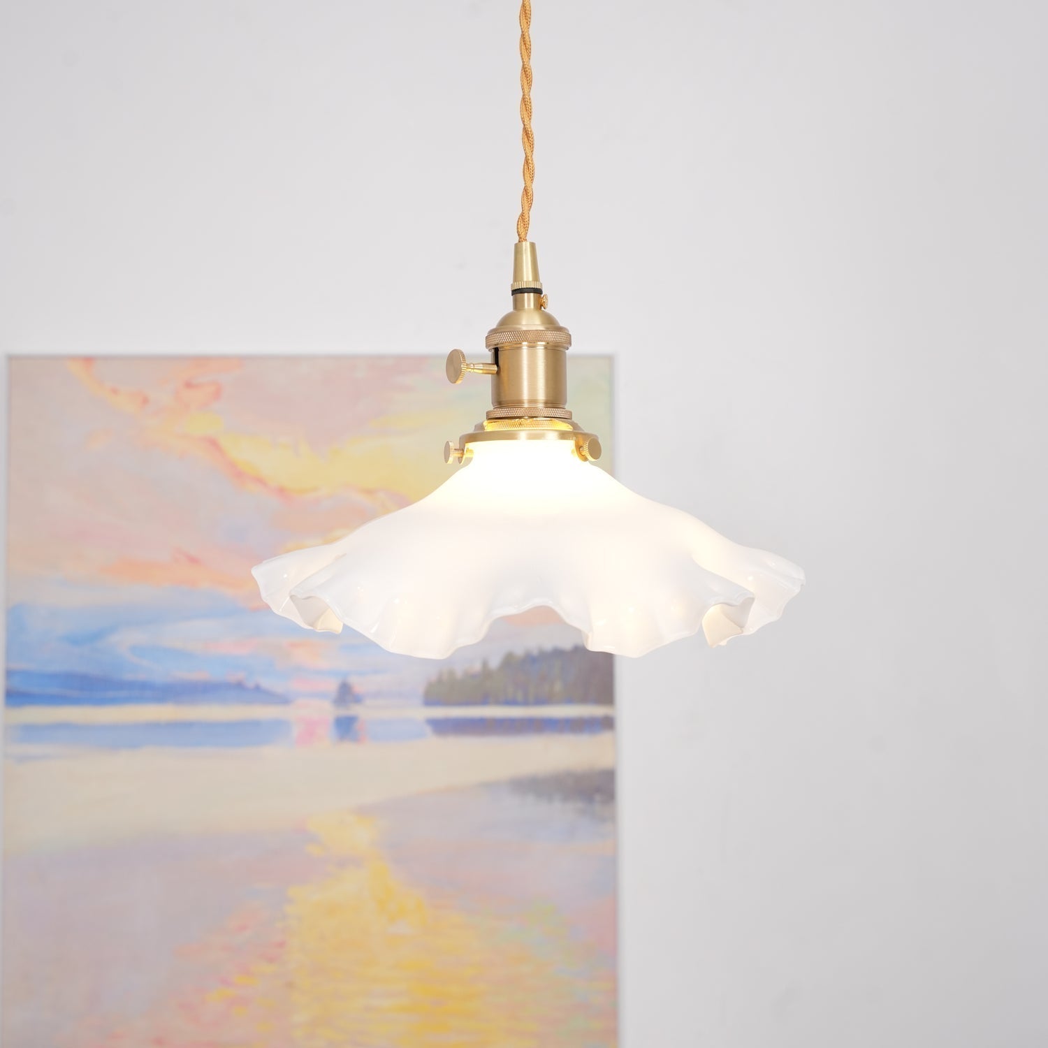 Modern Brass and Glass Flower Pendant Lamp Small White Floral Hanging Ceiling Light