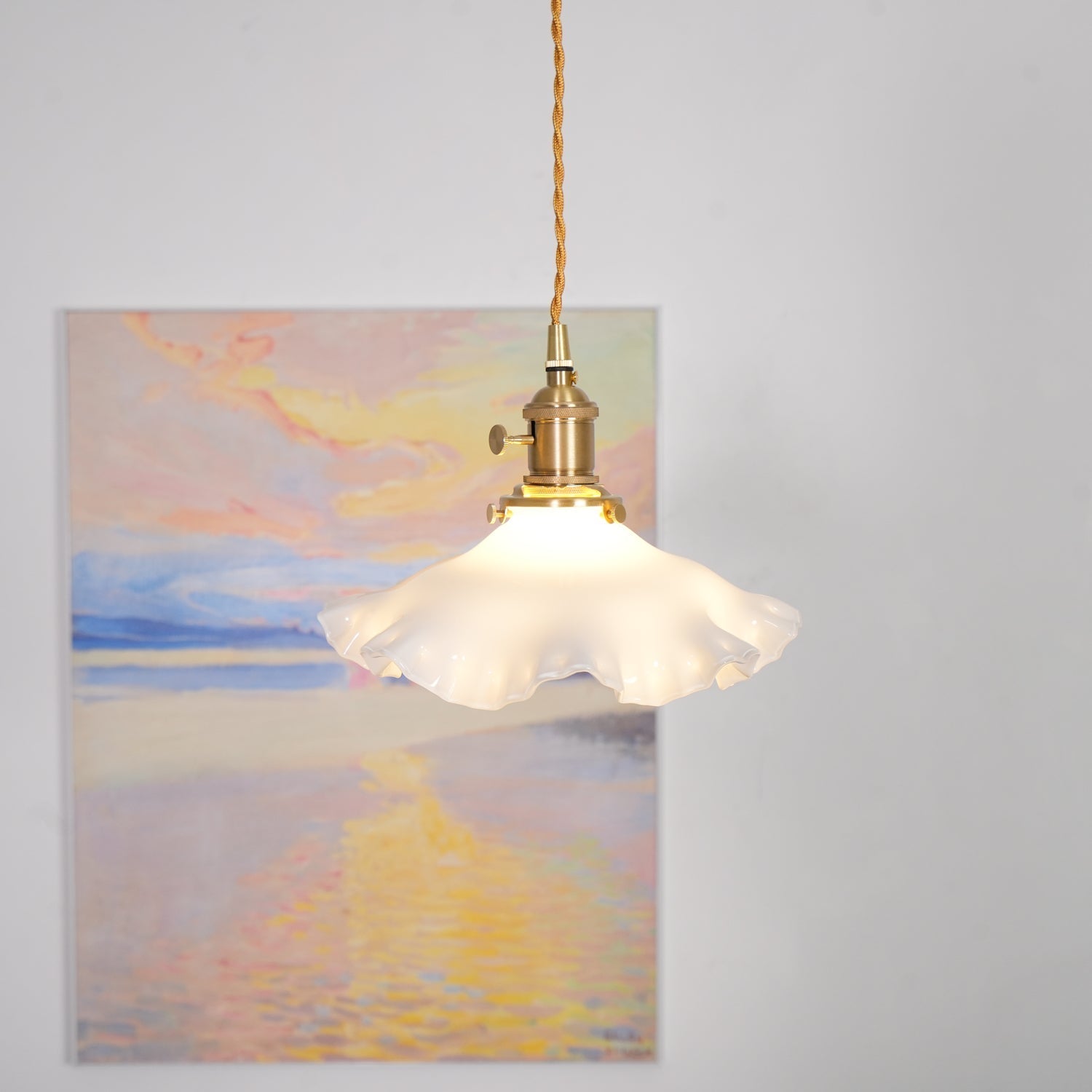 Modern Brass and Glass Flower Pendant Lamp Small White Floral Hanging Ceiling Light