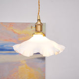 Modern Brass and Glass Flower Pendant Lamp Small White Floral Hanging Ceiling Light