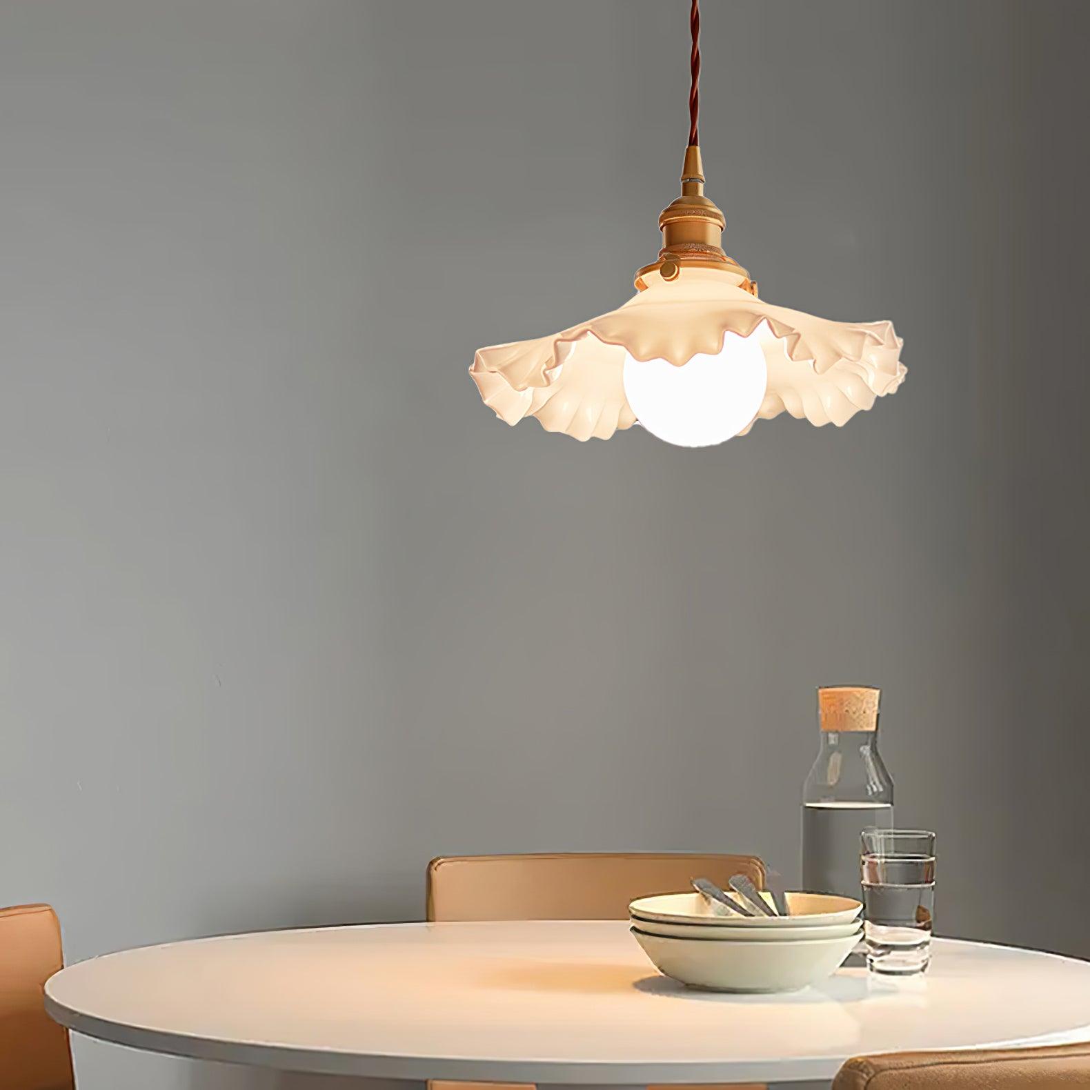 Modern Brass and Glass Flower Pendant Lamp Small White Floral Hanging Ceiling Light