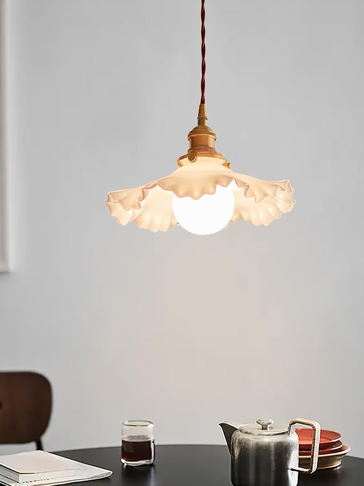 Modern Brass and Glass Flower Pendant Lamp Small White Floral Hanging Ceiling Light