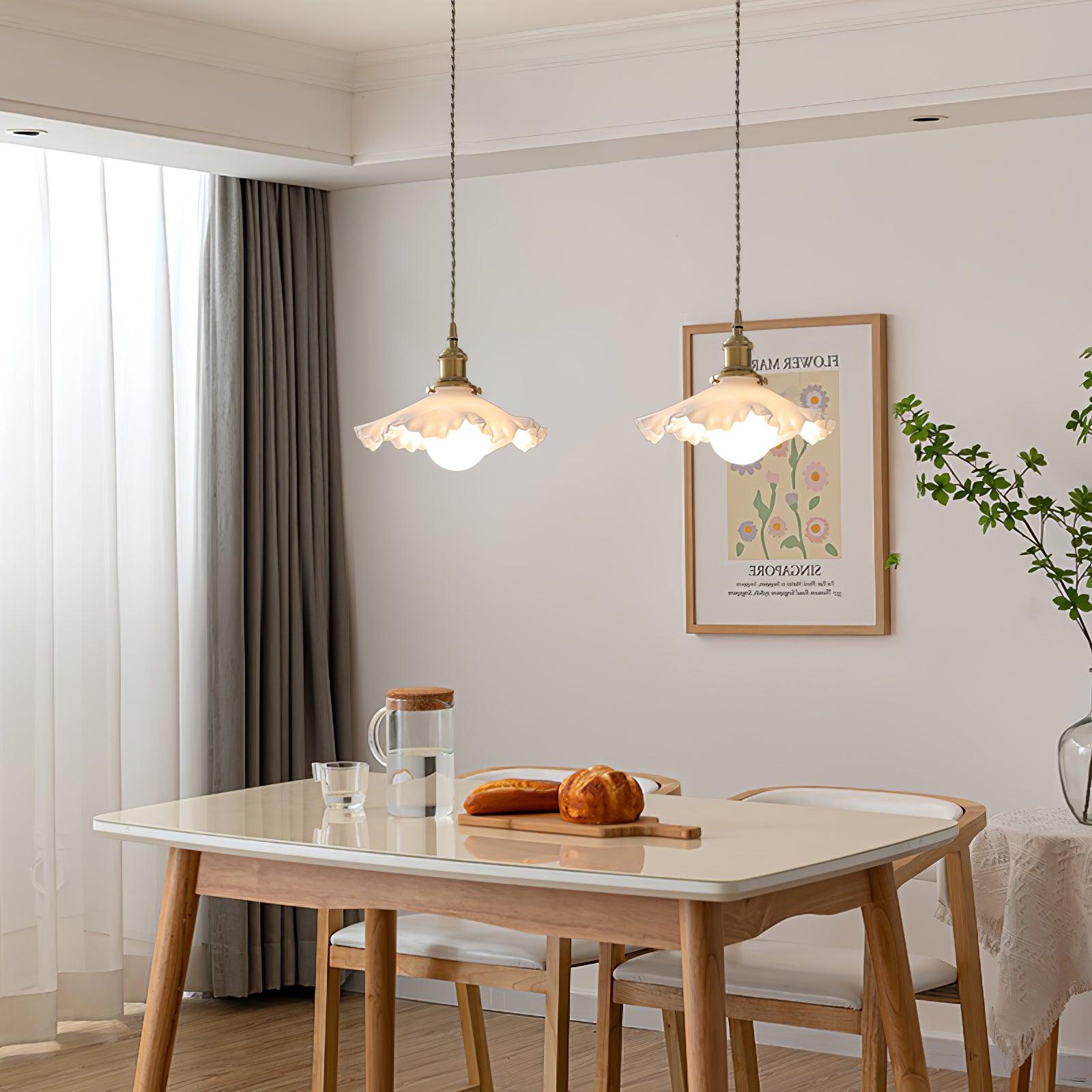 Modern Brass and Glass Flower Pendant Lamp Small White Floral Hanging Ceiling Light