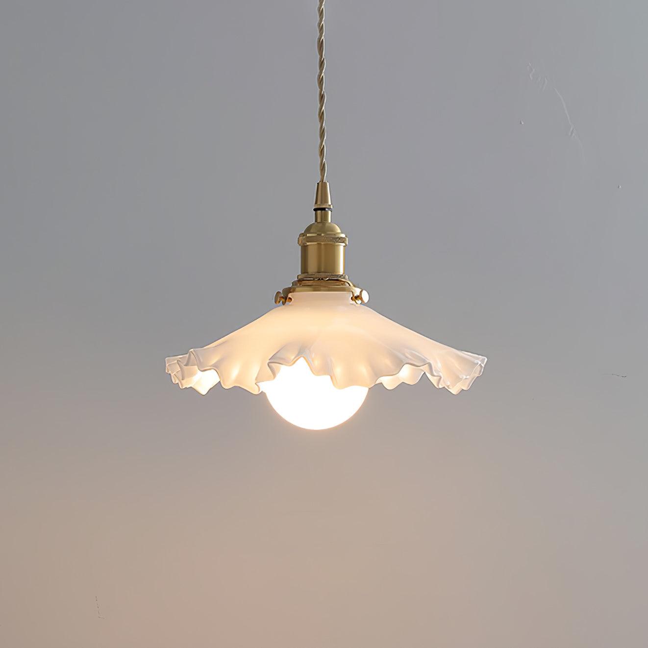 Modern Brass and Glass Flower Pendant Lamp Small White Floral Hanging Ceiling Light