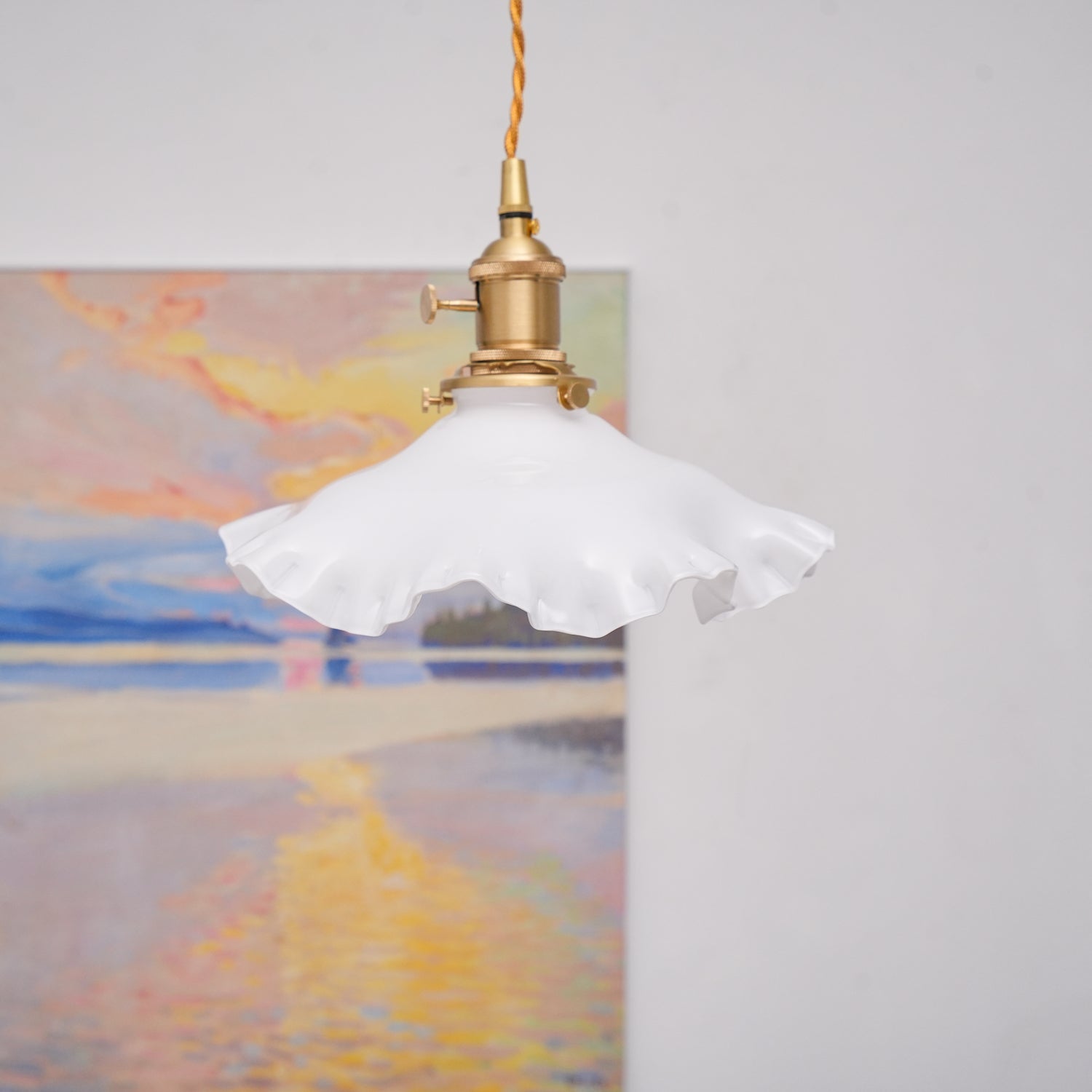 Modern Brass and Glass Flower Pendant Lamp Small White Floral Hanging Ceiling Light