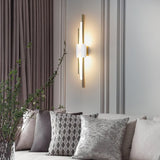Modern Brass and Marble LED Wall Sconce Slim Asymmetric Gold Wall Light for Bedroom