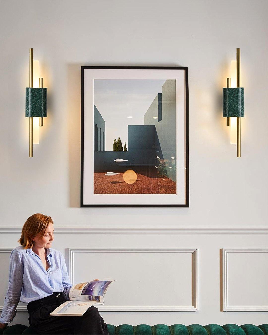 Modern Brass and Marble LED Wall Sconce Slim Asymmetric Gold Wall Light for Bedroom