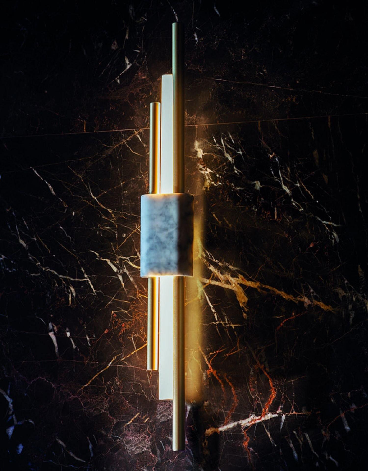 Modern Brass and Marble LED Wall Sconce Slim Asymmetric Gold Wall Light for Bedroom