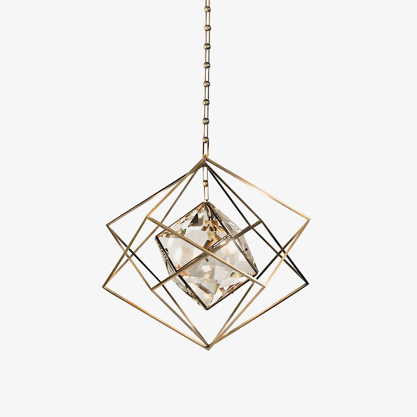 Modern Brass and Topaz Crystal Geometric Prism Hanging Pendant Light Fixture