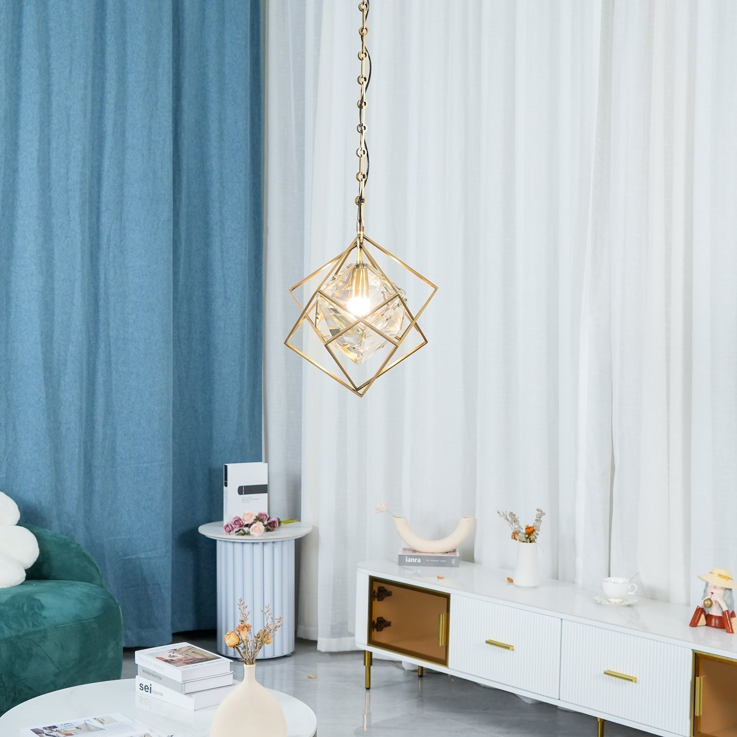 Modern Brass and Topaz Crystal Geometric Prism Hanging Pendant Light Fixture