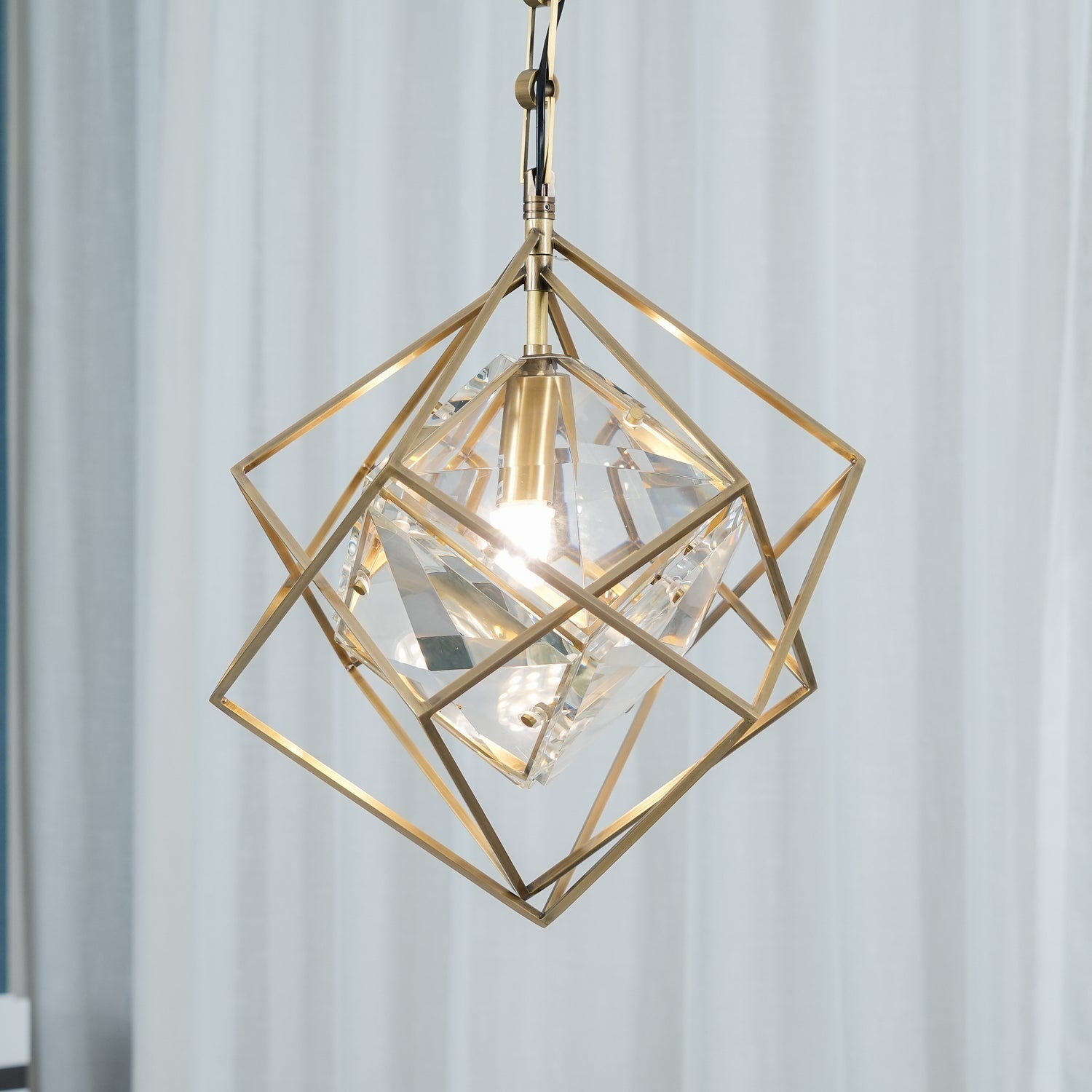 Modern Brass and Topaz Crystal Geometric Prism Hanging Pendant Light Fixture
