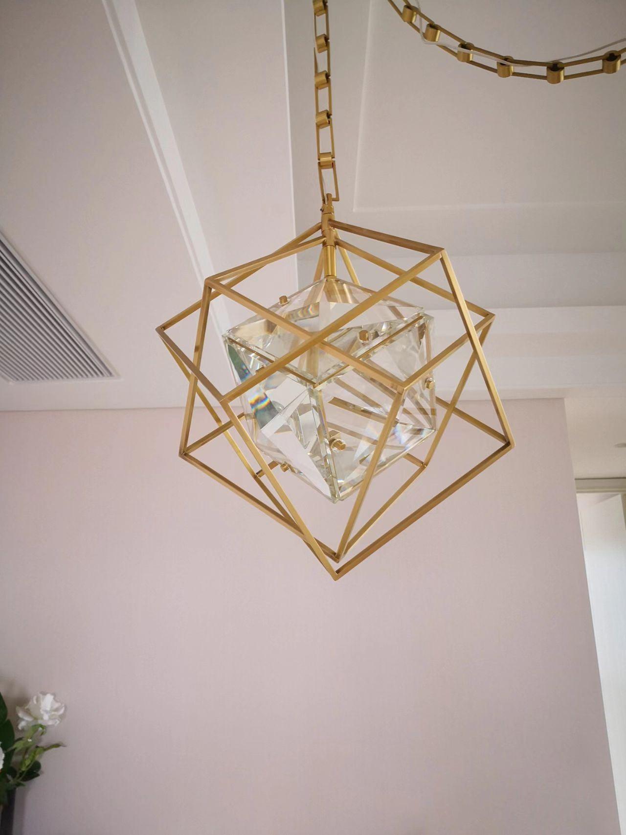 Modern Brass and Topaz Crystal Geometric Prism Hanging Pendant Light Fixture