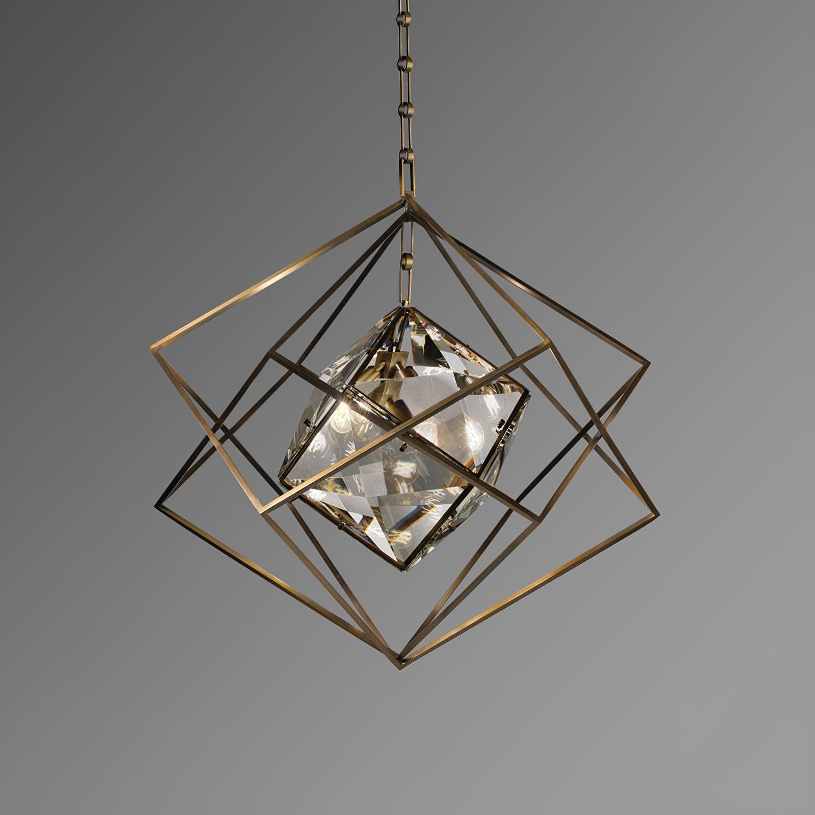 Modern Brass and Topaz Crystal Geometric Prism Hanging Pendant Light Fixture