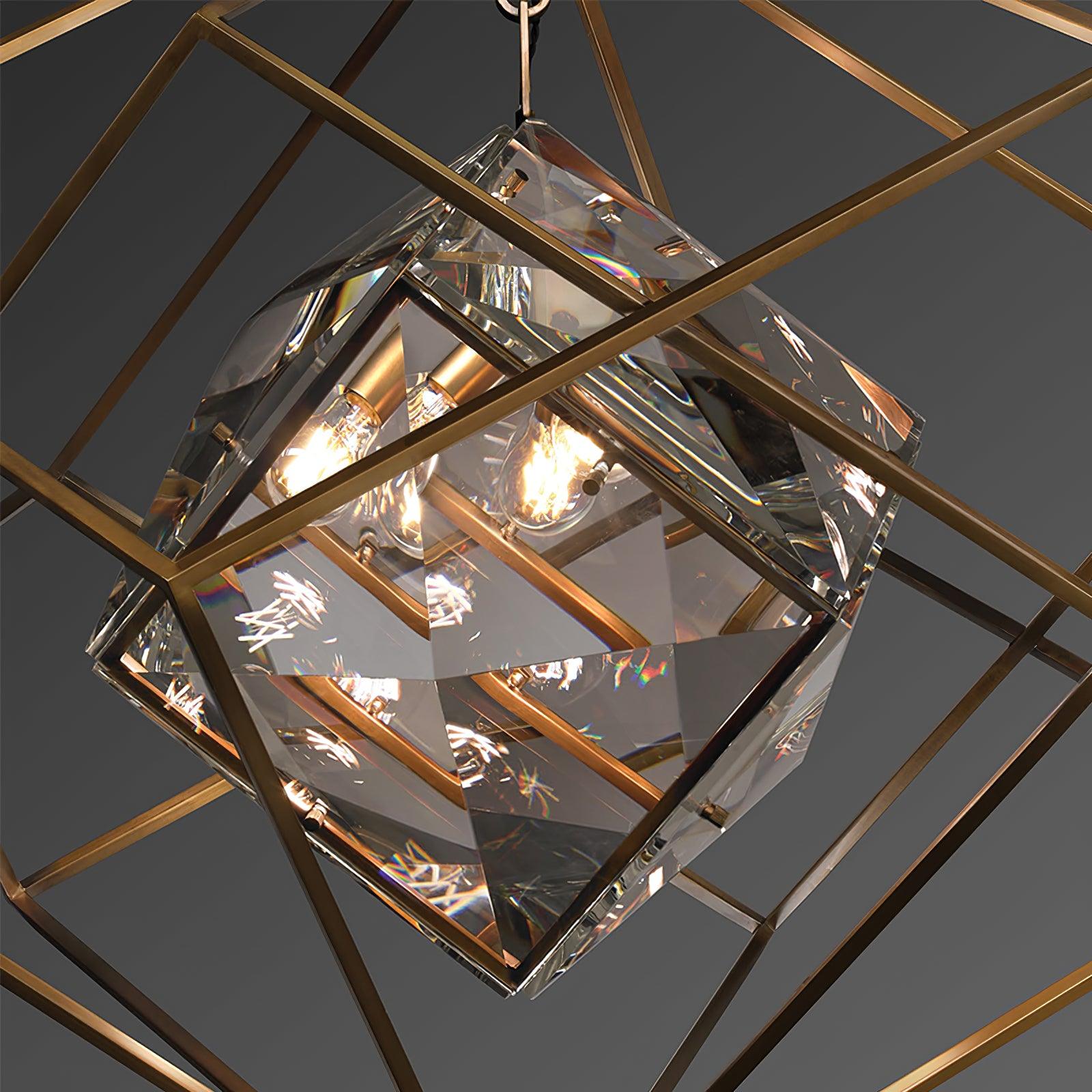 Modern Brass and Topaz Crystal Geometric Prism Hanging Pendant Light Fixture