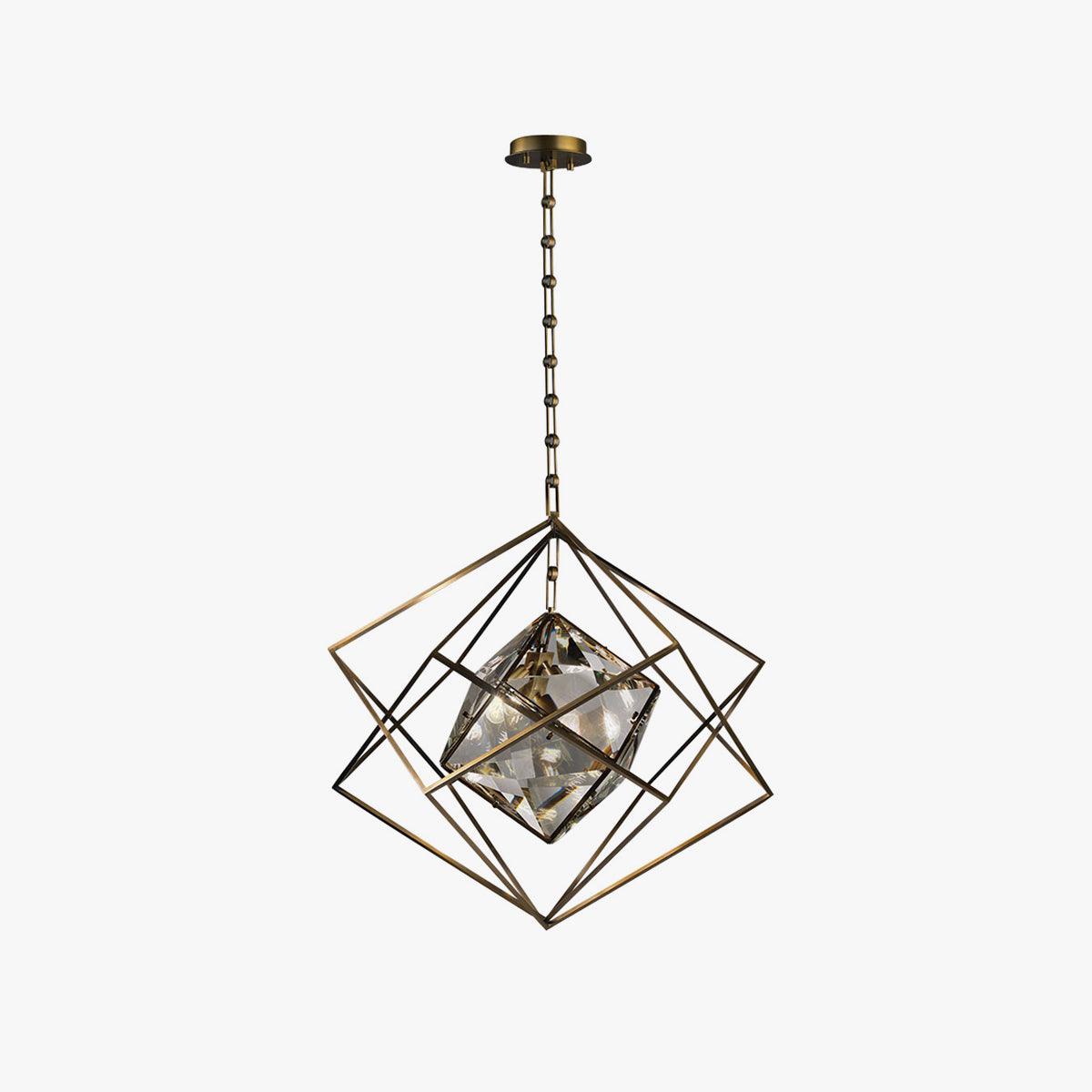 Modern Brass and Topaz Crystal Geometric Prism Hanging Pendant Light Fixture