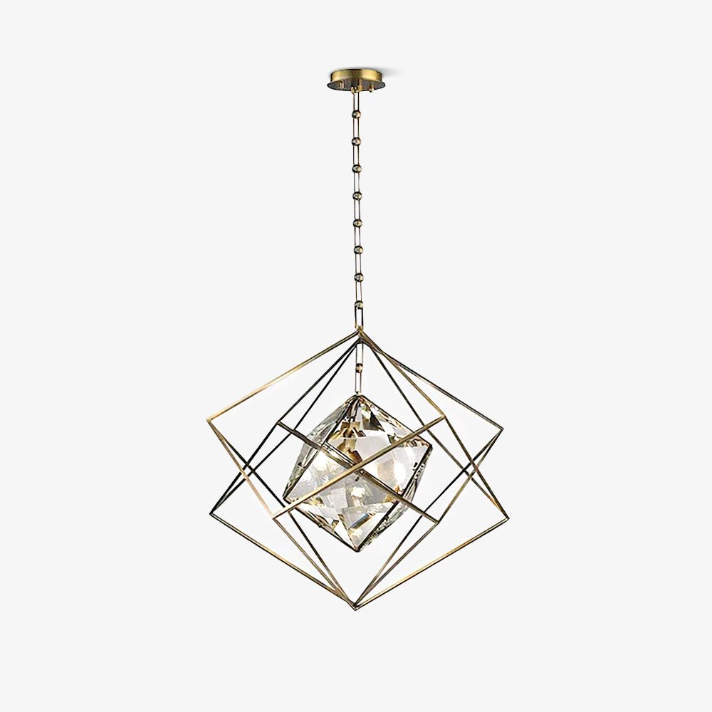 Modern Brass and Topaz Crystal Geometric Prism Hanging Pendant Light Fixture
