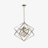 Modern Brass and Topaz Crystal Geometric Prism Hanging Pendant Light Fixture