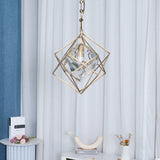 Modern Brass and Topaz Crystal Geometric Prism Hanging Pendant Light Fixture