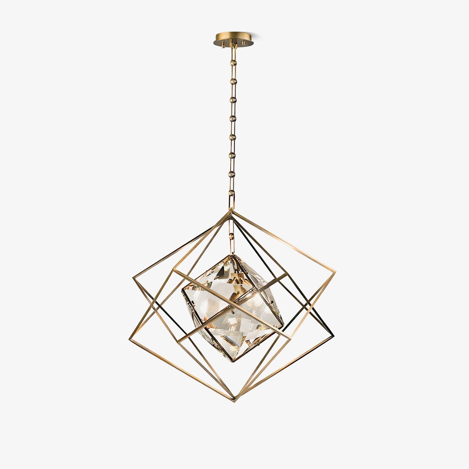 Modern Brass and Topaz Crystal Geometric Prism Hanging Pendant Light Fixture