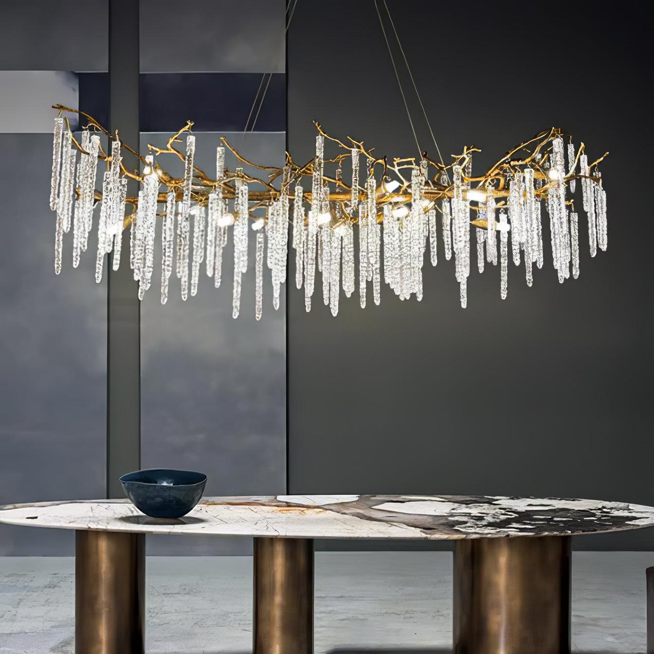 Modern Brass Branch Crystal Icicle Chandelier Luxury Hanging Pendant Light Fixture