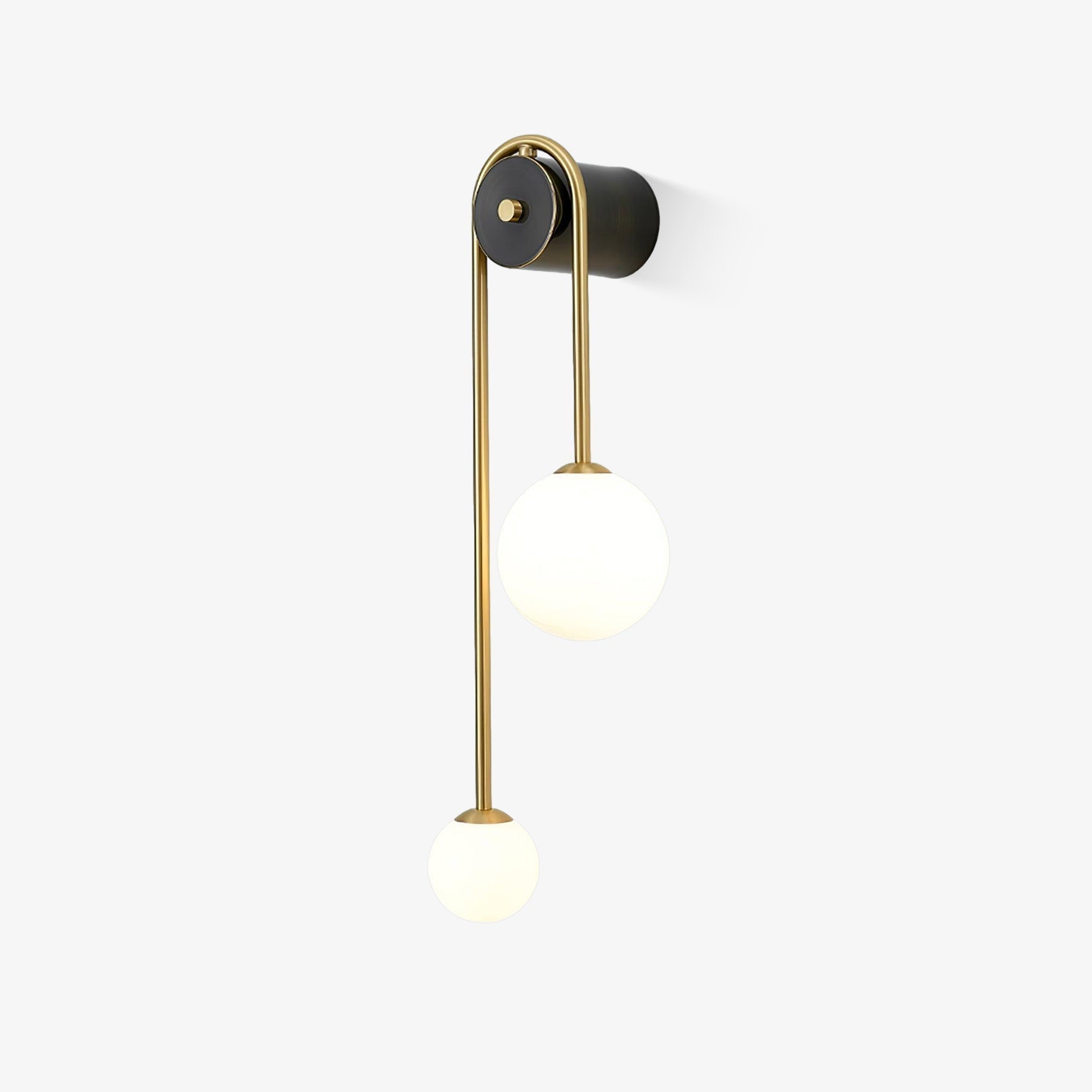 Modern Brass Curved Wall Sconce with Dual White Glass Globes for Living Room and Bedroom