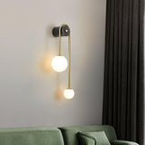 Modern Brass Curved Wall Sconce with Dual White Glass Globes for Living Room and Bedroom