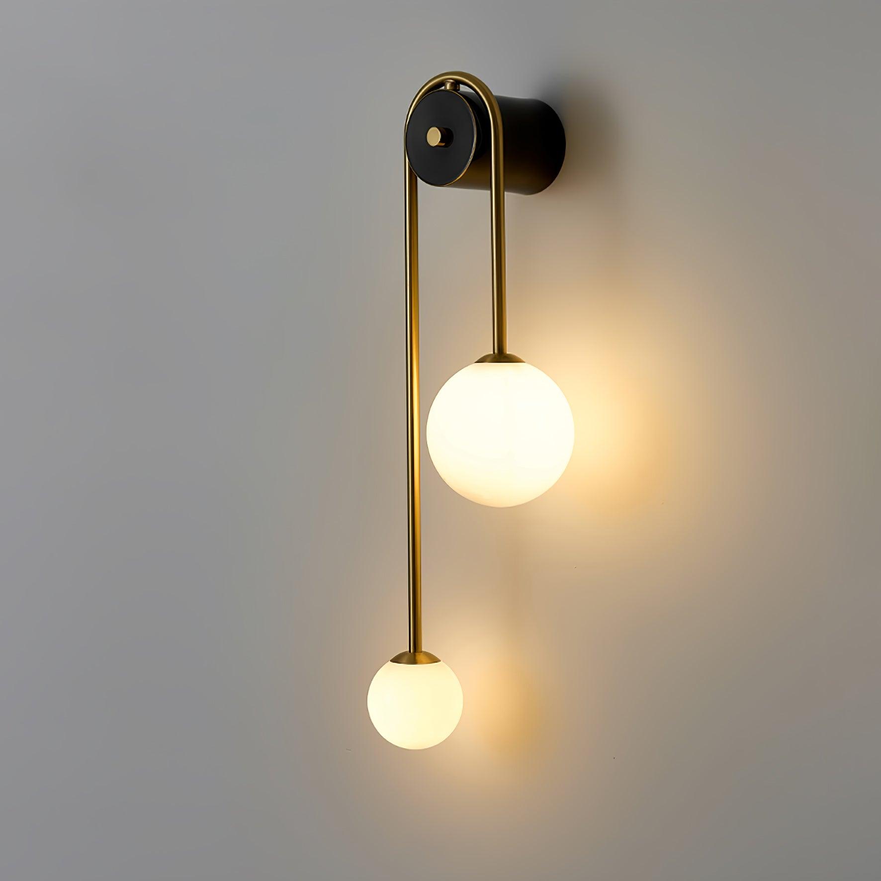 Modern Brass Curved Wall Sconce with Dual White Glass Globes for Living Room and Bedroom