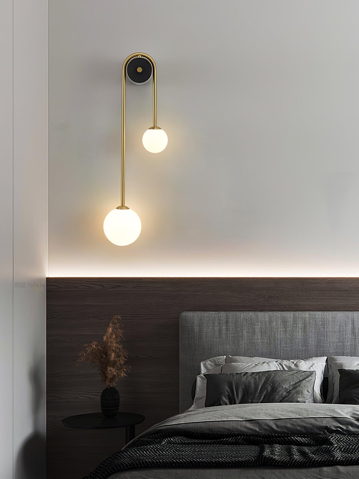 Modern Brass Curved Wall Sconce with Dual White Glass Globes for Living Room and Bedroom