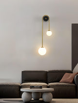 Modern Brass Curved Wall Sconce with Dual White Glass Globes for Living Room and Bedroom