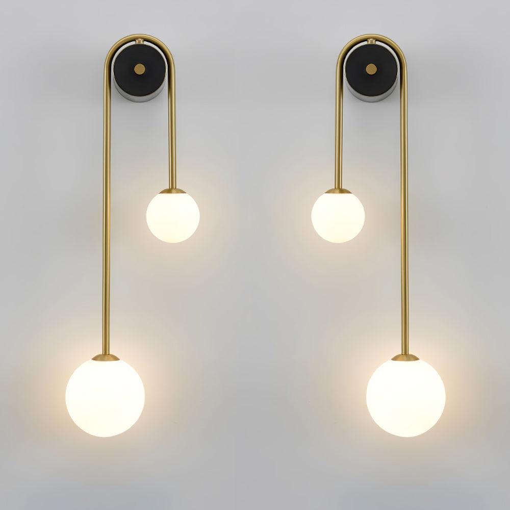 Modern Brass Curved Wall Sconce with Dual White Glass Globes for Living Room and Bedroom