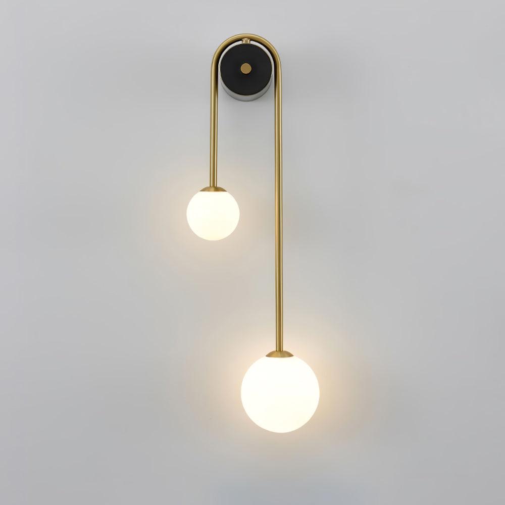 Modern Brass Curved Wall Sconce with Dual White Glass Globes for Living Room and Bedroom
