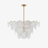 Modern Brass Discs and White Striped Glass Cascading Chandelier for Dining Rooms