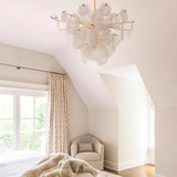 Modern Brass Discs and White Striped Glass Cascading Chandelier for Dining Rooms